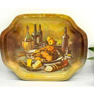 Vintage Tin Serving Tray With Rustic Food & Wine Scene x 3